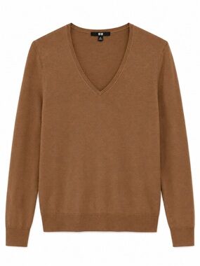 UNIQLO Women’s 100% Will V-Neck Sweater Camel M Lightweight Office Fall